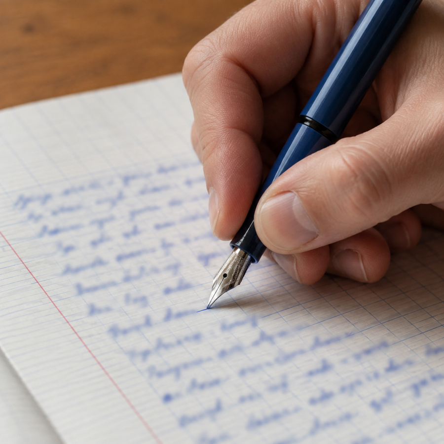 Main écrivant au stylo-plume bleu sur papier quadrillé séyé